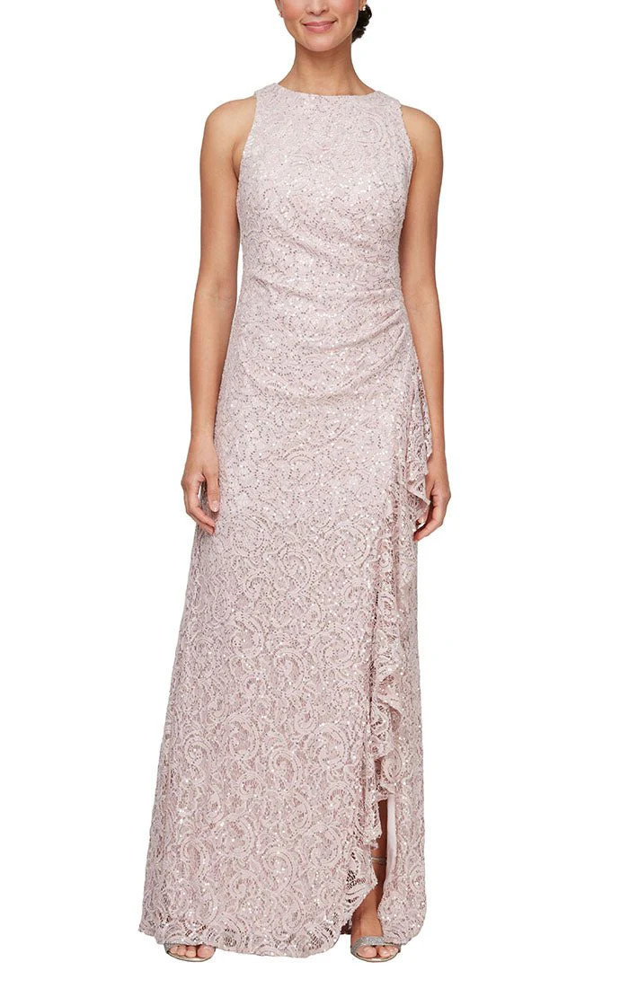 Petite Long Sleeveless Lace Dress with Cascade Ruffle Front Slit Detail | Alex Evenings