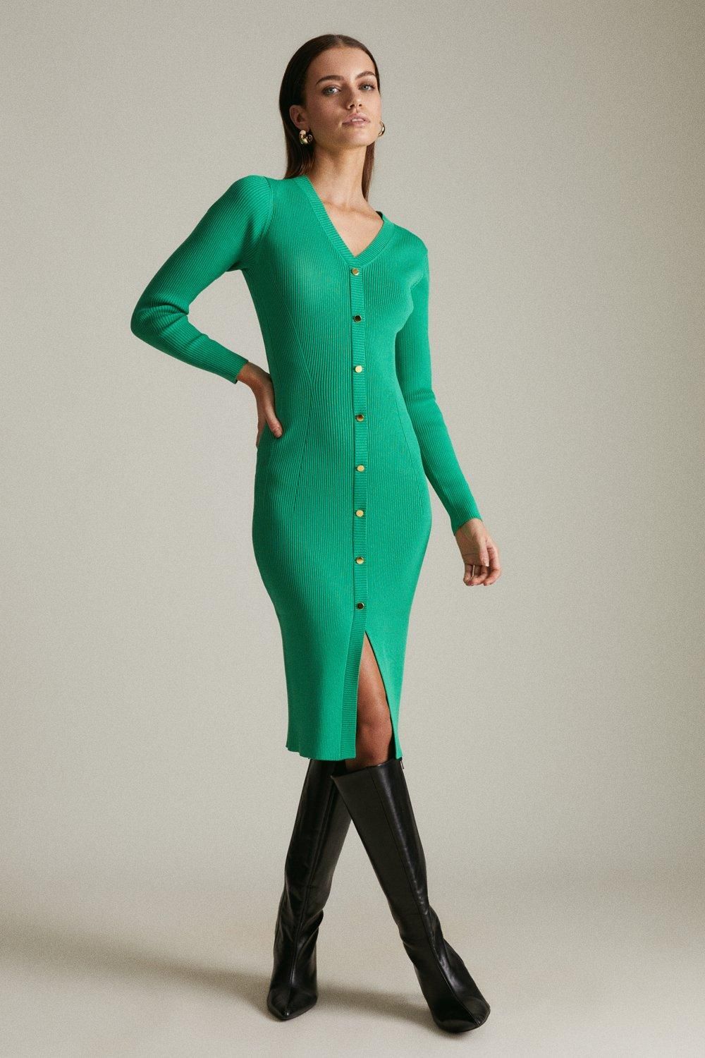 Petite Long Sleeve Knit Button Detail Dress | Karen Millen UK & IE
