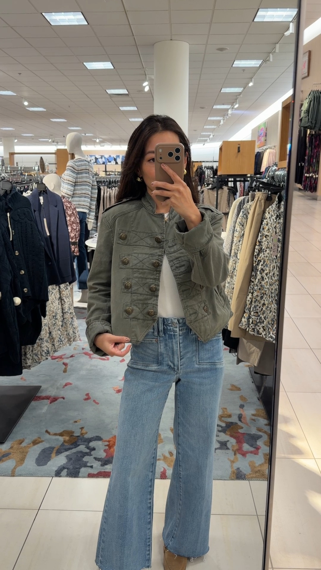 Size info below! The mango one linked is also really nice, slightly longer, lower price point  
• Free People cotton linen military jacket XS, medium to thicker weight, petite friendly length 
• Paige Anessa high rise crop jean 24 regular, Helios wash, great fit for petites as full length 
• Aritzia HomeStretch ribbed long sleeve tee I size up to XS 
• Mango loafer 5

Petite style, fall outfit idea, easy mom outfit 

 #LTKootd #LTKSeasonal #LTKPetite