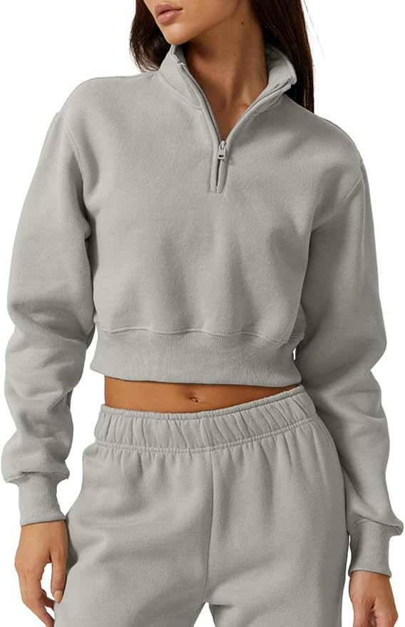 QINSEN Womens Half Zip Crop Sweatshirt High Neck Long Sleeve Pullover Cropped Top | Amazon (US)