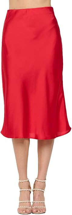 Women's High Waist A-Line Elastic Satin Midi Skirt, Made in USA, Plus Size | Amazon (US)