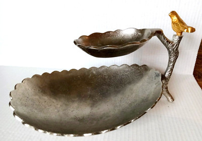 Pewter Metal Double Dish Serving Tray Scalloped Edge Perched Bird Made in India | eBay US