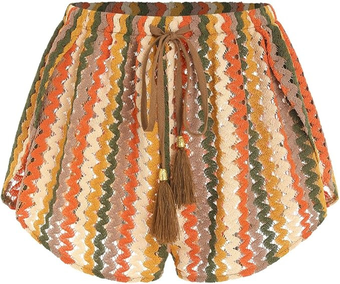ZAFUL Crochet Cover Up Shorts for Women Beach Swimwear 2026 Boho High Waisted Drawstring Flowy Sw... | Amazon (US)