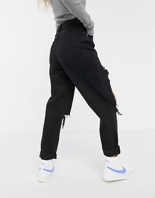ASOS DESIGN Petite 'original' mom jean in clean black with extreme rips | ASOS (Global)