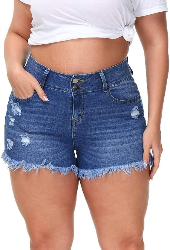 ALLEGRACE Sexy Plus Size Denim Shorts Women Distressed High Waist Shorts with Pockets | Amazon (US)