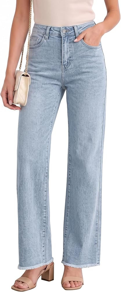 LookbookStore Wide Leg Jeans for Women Trendy High Waisted Straight Leg Frayed Hem Baggy Stretchy... | Amazon (US)