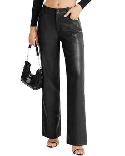 Women's Faux Leather Pants Button PU Jeans Straight Wide Leg Trousers with Pockets | Amazon (US)