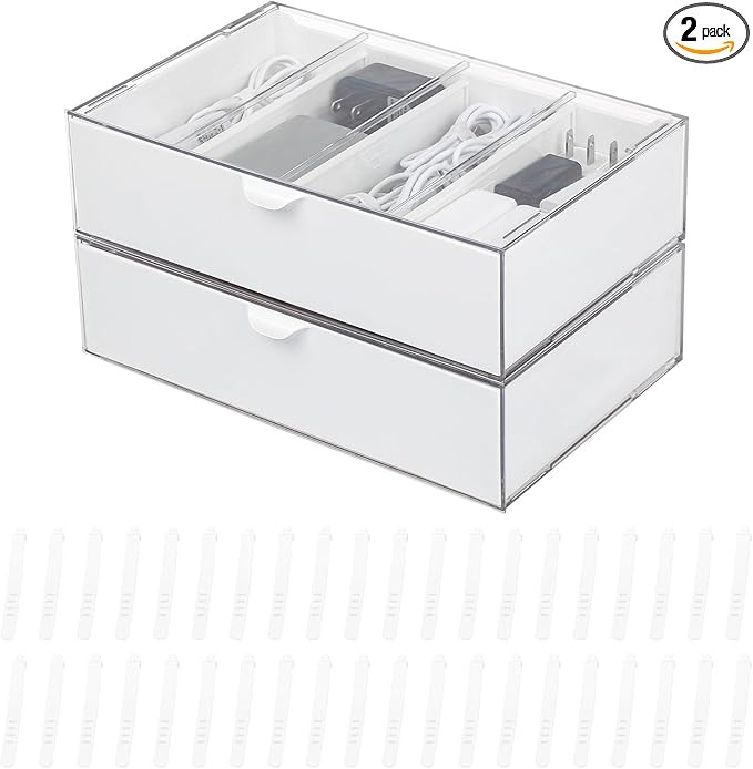 Yesesion 2 Pack Cords Organizer Drawer with Adjustable Compartments and 40pcs of Wire Ties, Large... | Amazon (US)