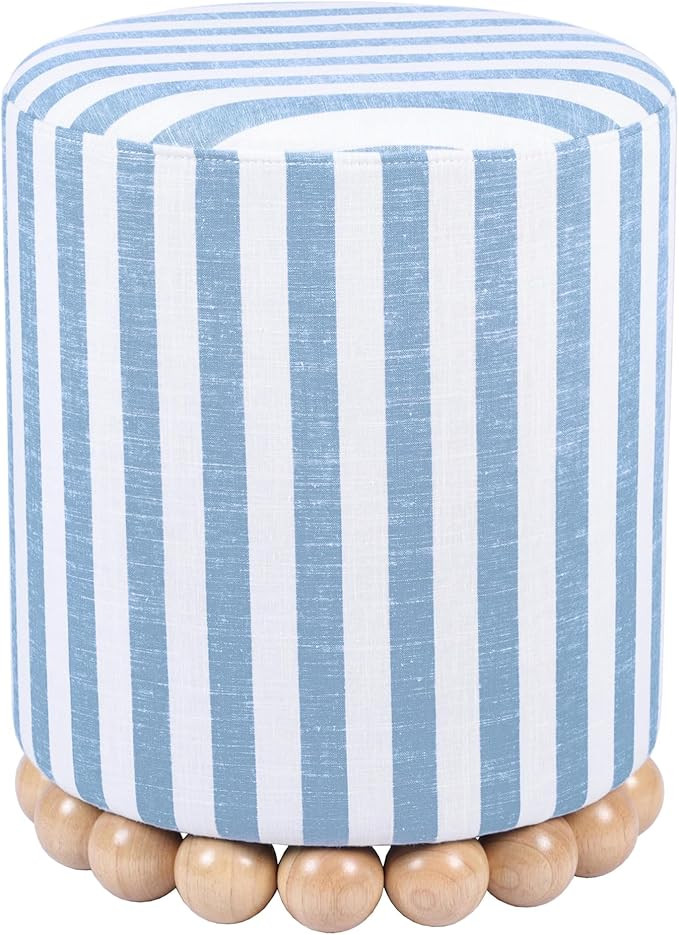 Tov Furniture Dex Pastel Blue Striped Linen Round Ottoman with Wooden Base | Amazon (US)