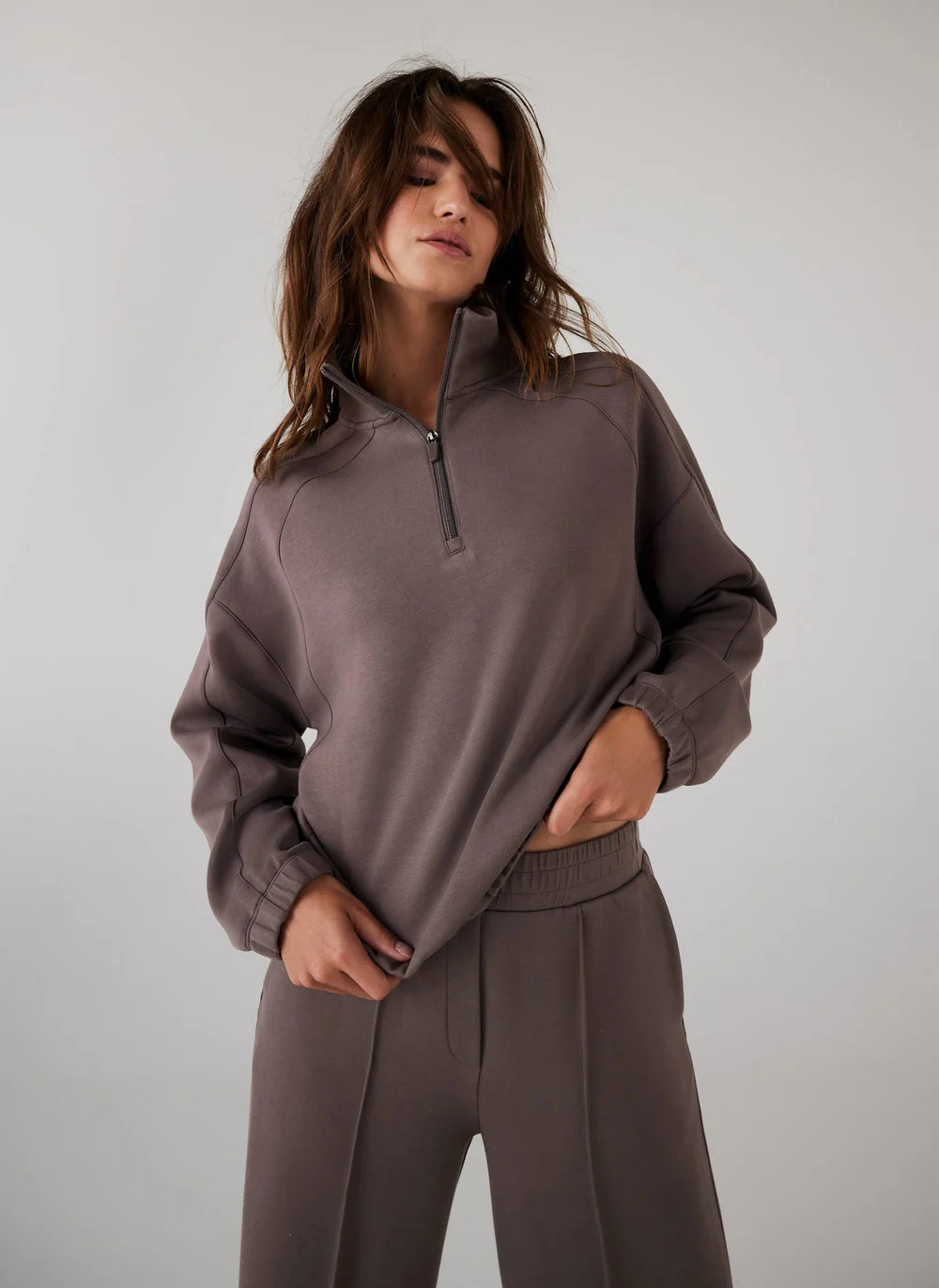 Brown Super Soft Zip Up Sweatshirt | Mint Velvet