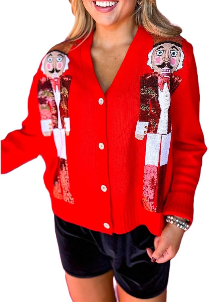 Women Bow Tie Cardigan Sweaters Sequin Graphic Long Sleeve Open Front Knitted Cardigans Cute Part... | Amazon (US)