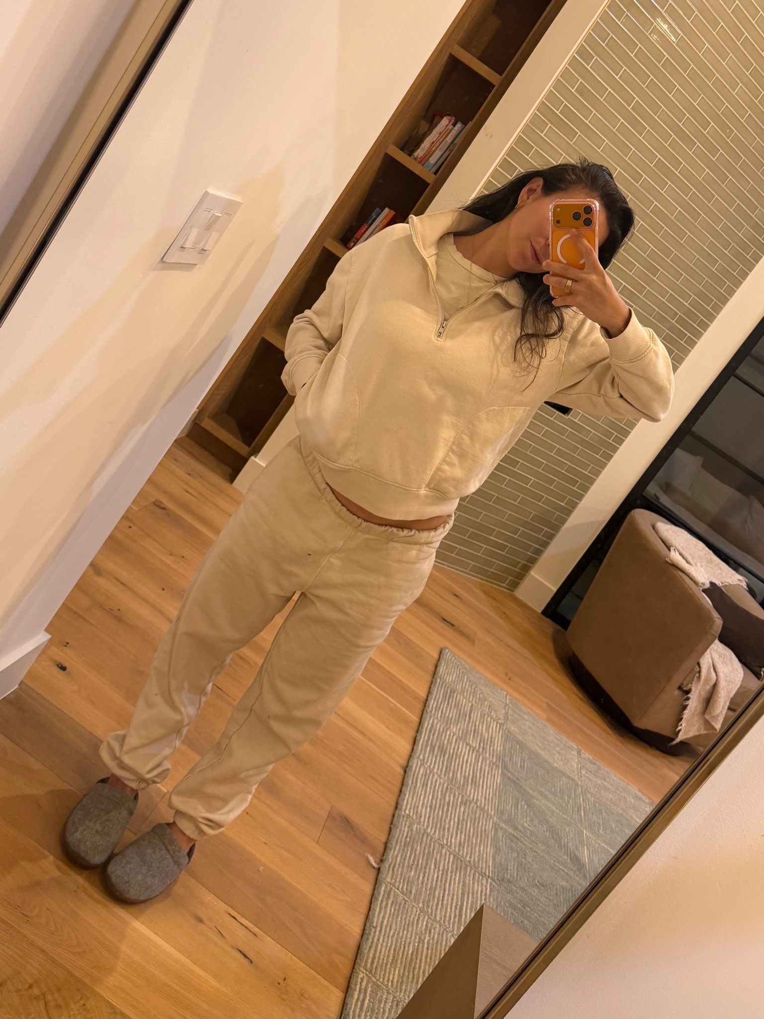100% organic cotton sweatpants and sweatshirt. Wearing organic cotton t-shirt, bra and undies underneath too! Sooo cozy! I live in this at home! 