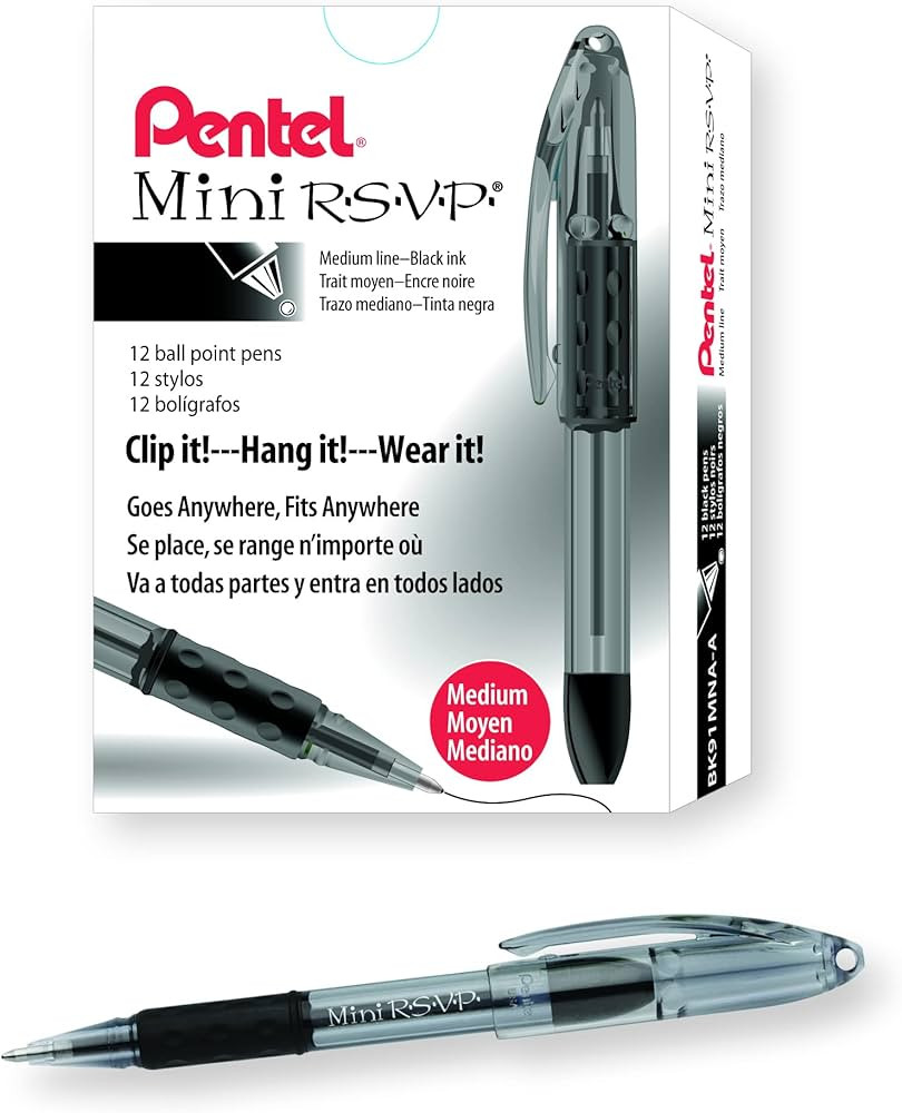Pentel BK91MNA-A Pentel Mini R.S.V.P. Stick Ballpoint Pen, Translucent Brl, Black Ink, Med Pt, 12... | Amazon (US)