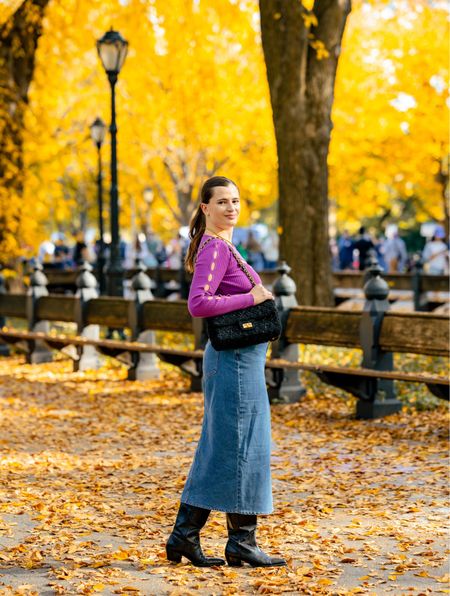 Fall outfit in Central Park! Loving this top paired with a denim midi skirt from Showpo  