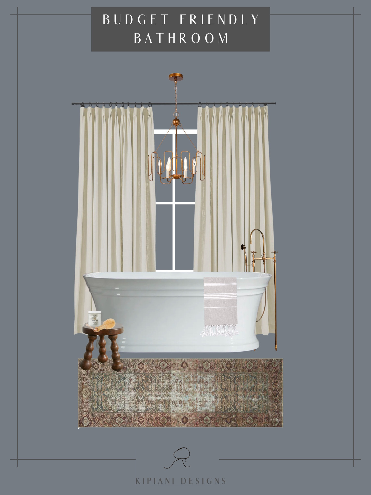 Budget friendly bathroom idea. Stand-alone bathtub with brass chandelier, faucet, wood stool, vintage runner rug, accessories.

#LTKFind #LTKhome #LTKstyletip
