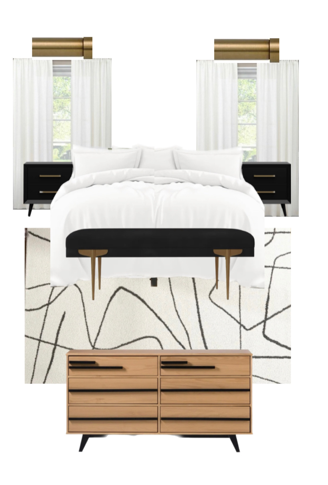 Midcentury modern bedroom, solid wood dresser, midcentury dresser, black nightstands, midcentury rug, modern neutral rug, white curtains, light filtering curtains, brass curtain rod, white bedding, luxury bedding , neutral bedroom furniture, bedframe

#LTKhome #LTKfamily #LTKunder100