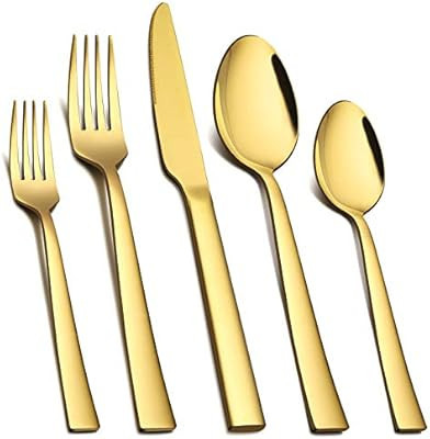 Homikit 20-Piece Gold Silverware Flatware Set, Stainless Steel Square Cutlery Set for 4, Eating U... | Amazon (US)