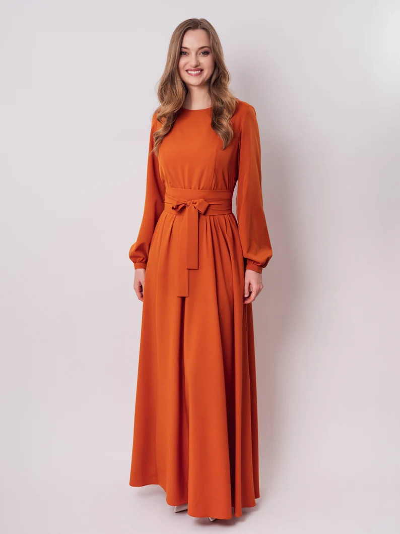 Rust Orange Long Slit Dress With Belt Bridesmaid Dress - Etsy | Etsy (US)