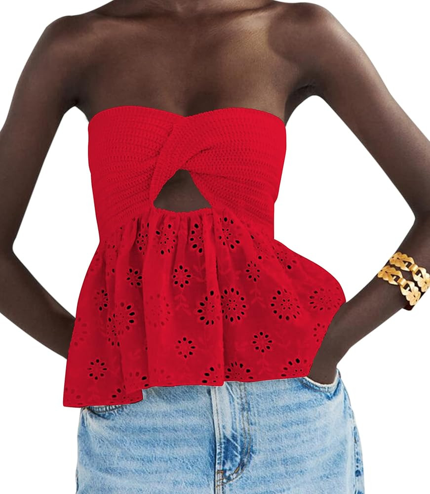 MISSACTIVER Women Twist Knot Knit Bandeau Tube Top Embroidery Strapless Off Shoulder Backless Hollow | Amazon (US)
