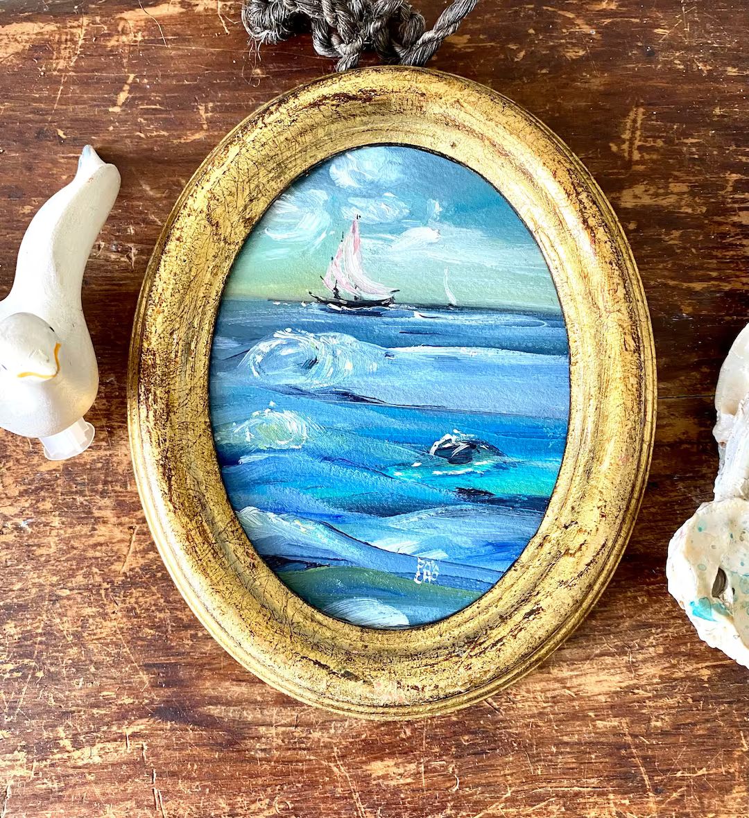 Original Oil Seascape Painting with Sailboats framed in Vintage Gold Oval Florentine Frame | Etsy (US)
