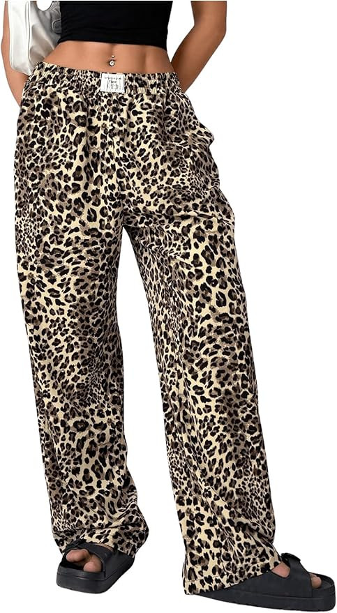 Women's Letter Leopard Print Straight Leg Pants Elastic Waist Y2K Trousers Bottoms with Pockets | Amazon (US)