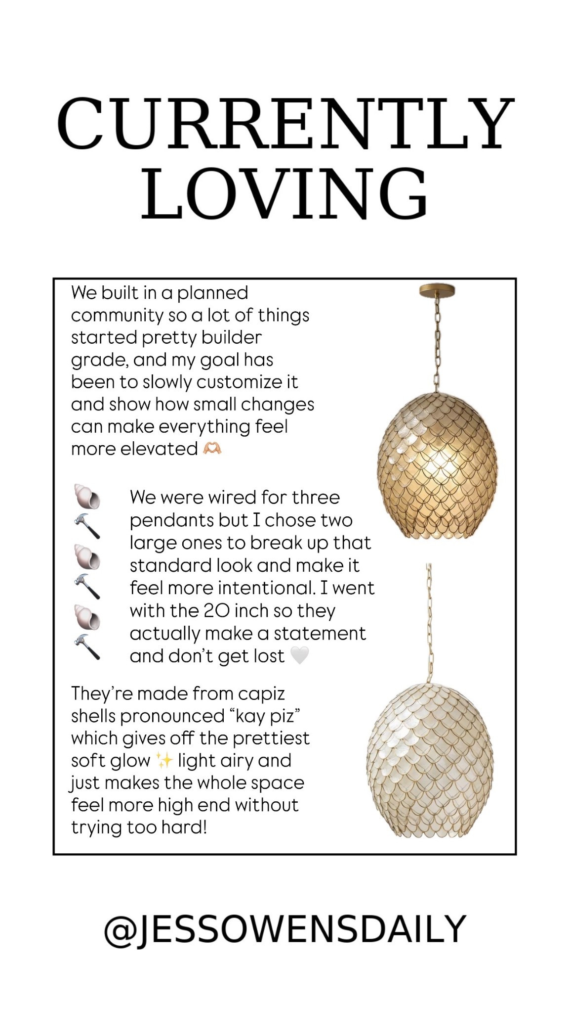 We built in a planned community so a lot of things started pretty builder grade, and my goal has been to slowly customize it and show how small changes can make everything feel more elevated 🫶🏼

We were wired for three pendants but I chose two to break up that standard look and make it feel more intentional, and I went with the 20 inch so they actually make a statement and don’t get lost 🤍

They’re made from capiz shells pronounced “kay piz” which gives off the prettiest soft glow ✨ light airy and just makes the whole space feel more high end without trying too hard

#LTKstorytime #LTKdayinmylife #LTKHome