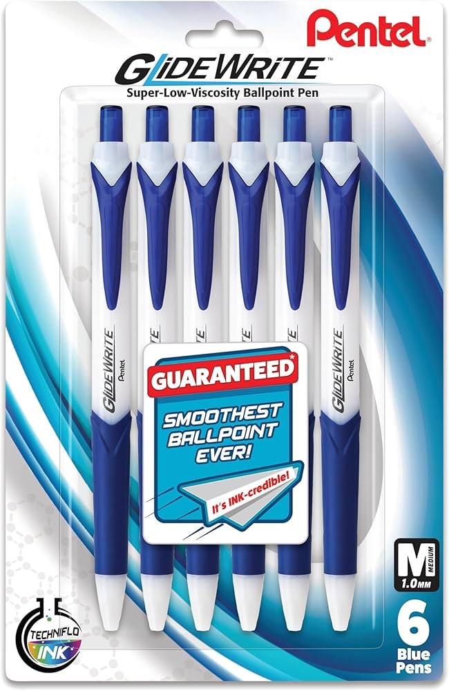 Pentel GlideWrite Ballpoint Pen with TechniFlo Ink, (1.0mm) Medium Line, Blue Ink, Pack of 6 (BX9... | Amazon (US)