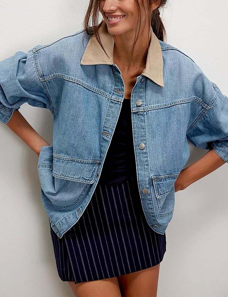 Women's Oversized Denim Jacket with Contrast Trim Long Sleeve Button Down Jean Coat with Pockets ... | Amazon (US)