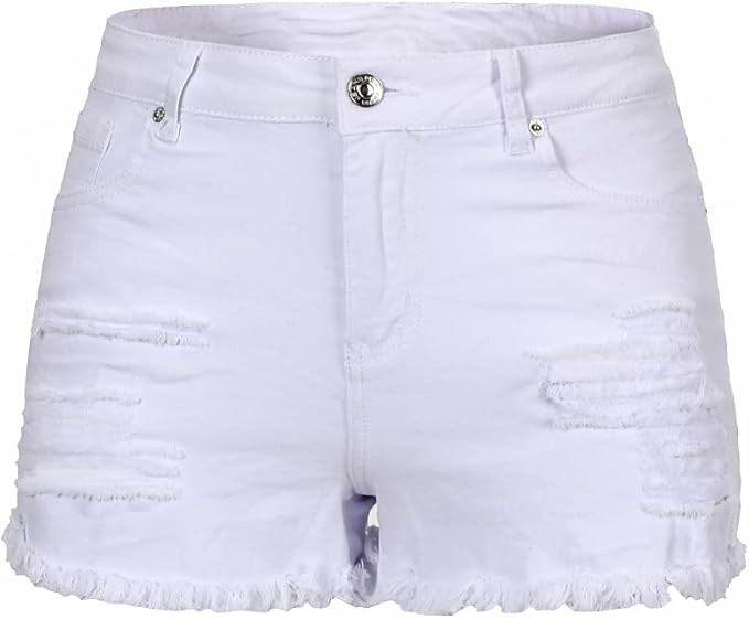 THUNDER STAR Women Mid Rise Ripped Stretchy Jeans Shorts Frayed Raw Hem Casual Denim Shorts | Amazon (US)