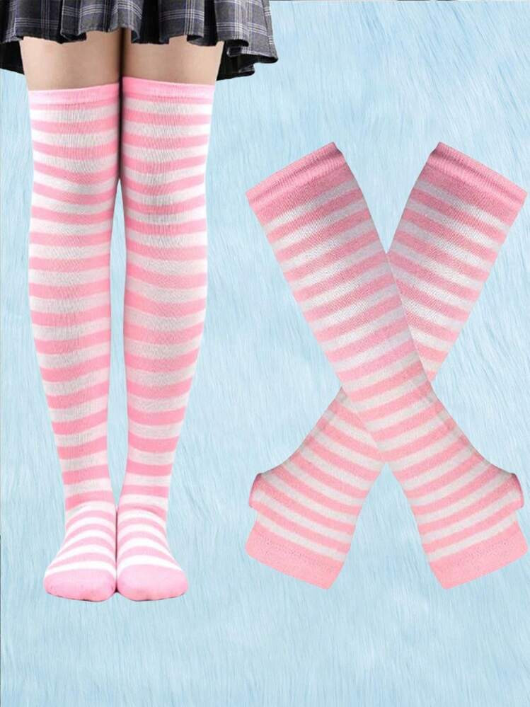 ROMWE Kawaii 1pair Women Striped Pattern Over The Knee Socks & 1pair Women Arm Sleeves | SHEIN