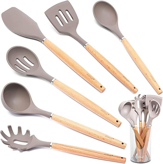 Silicone Bamboo Nonstick Kitchen Utensil Set with Holder (7 Piece Value Set) | Amazon (US)