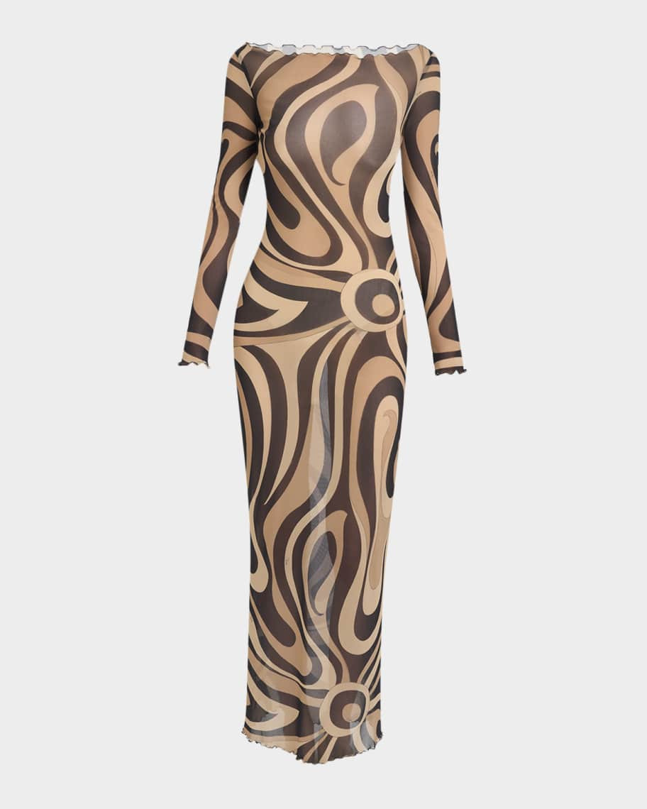 Pucci Marmo Tulle Long-Sleeve Maxi Dress | Neiman Marcus