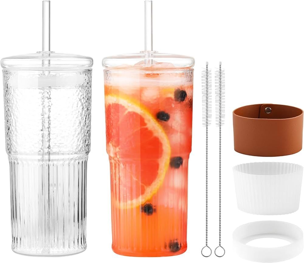 Glass Cups with Lids and Straws, 22oz Glass Coffee Tumbler, Clear High Borosilicate Glasses Drink... | Amazon (US)