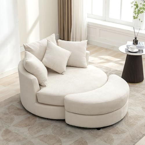 DEINPPA Swivel Book Nook Chair with Storage Ottoman and 4 Movable Pillow Backrest, 360° Rotating Round Barrel Sofa Chair for Living Room Hotel Bedroom Office Lounge (Cream + Chenille+ Foam) | Amazon (US)