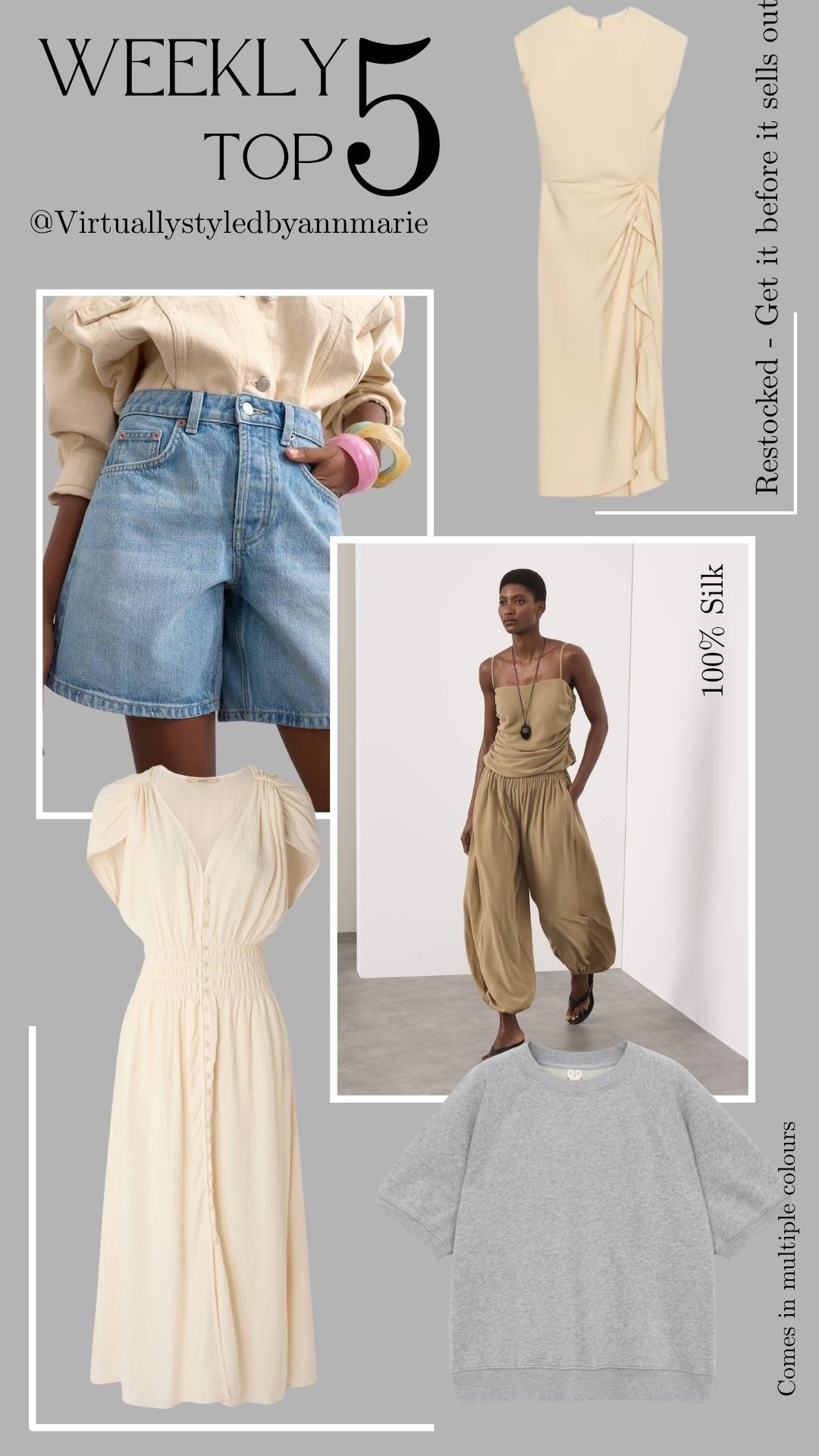 Top 5 this week, most popular items 

Cream summer dress, 
Silk balloon cami set 
Grey short sleeve sweatshirt 
Denim shorts
Zara sold out dress

#LTKsummer