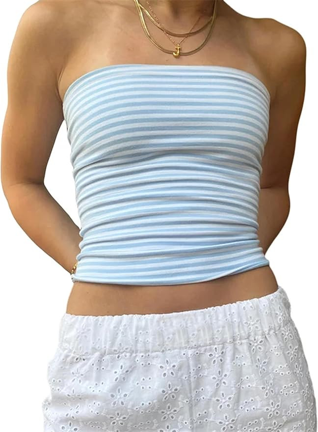Women Y2k Striped Bandeau Tube Top Aesthetic Strapless Backless Crop Tank Tops Teen Girls Preppy ... | Amazon (US)