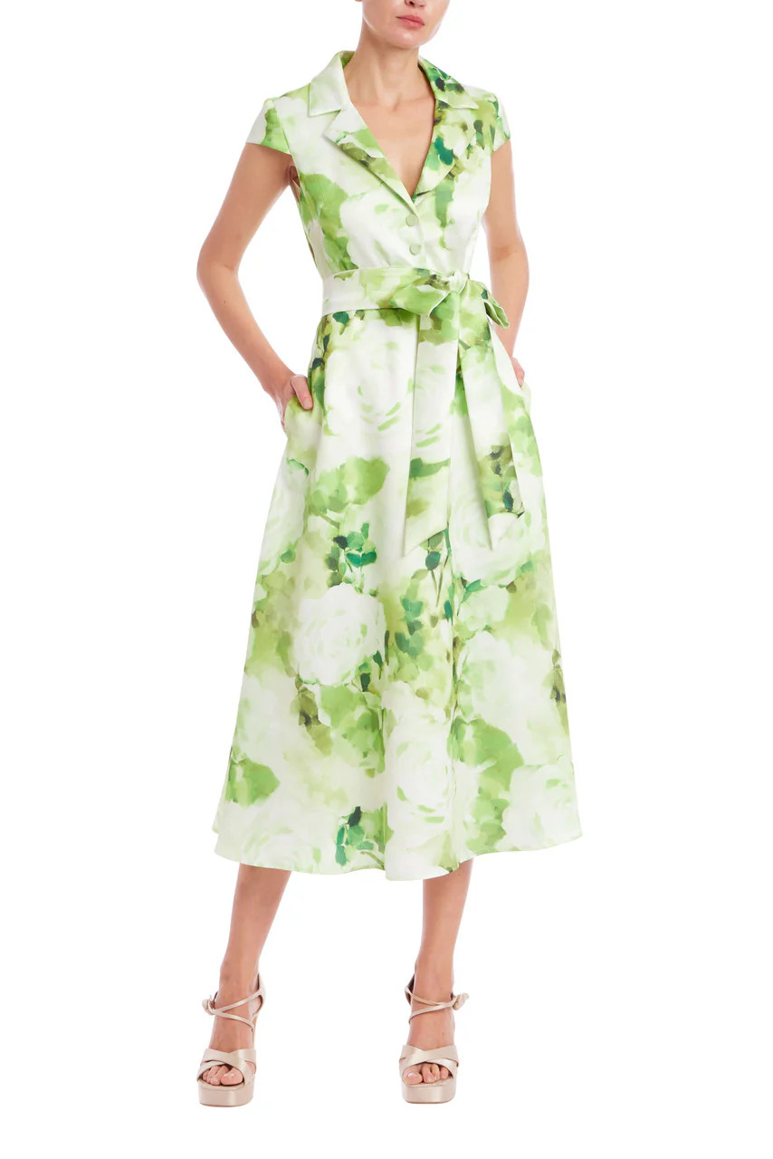 Belted Floral A-Line Midi Dress by Badgley Mischka | Badgley Mischka
