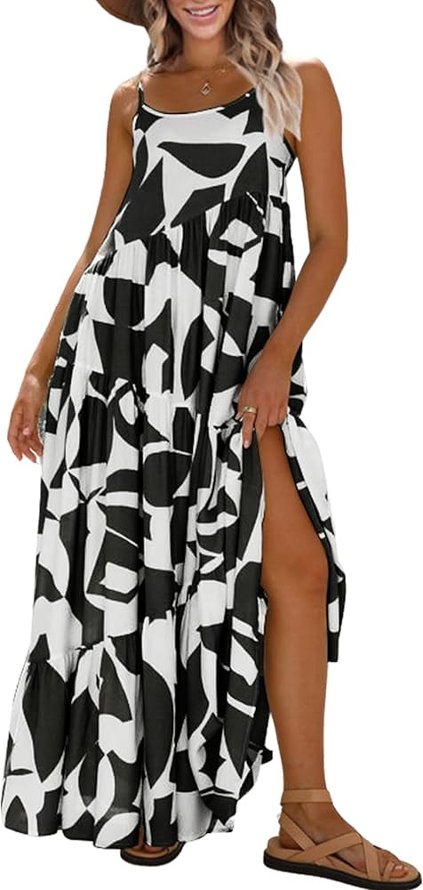 ECOWISH Women Sleeveless Maxi Dress: Summer Spaghetti Strap Casual Loose Boho Beach Dress Asymmet... | Amazon (US)