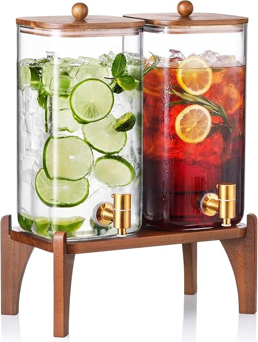 2 Pack 1.5 Gallon Square Glass Drink Dispenser with Wooden Stand & Lid, Large Beverage Dispenser ... | Amazon (US)