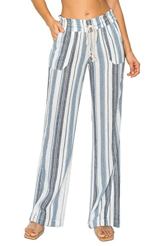 Cali1850 Women's Casual Linen Pants 32" Inseam Oceanside Drawstring Smocked Waist Lounge Beach Pants with Pockets Navy Ivory X-Small | Amazon (US)