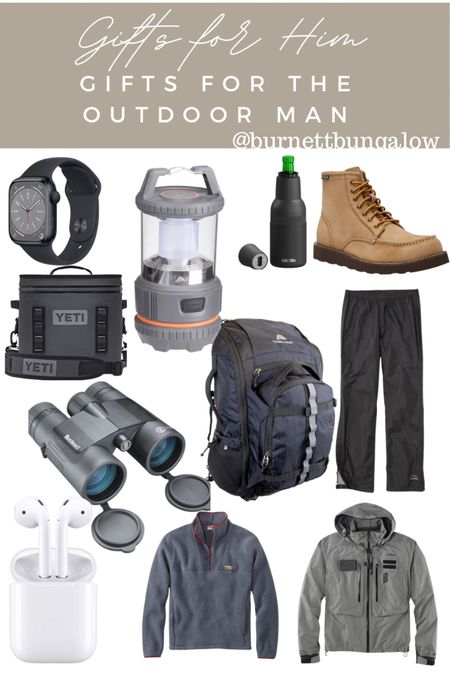 Gift guide for him. Gifts for the outdoors men in your life. Gifts for him, gifts for dad, outdoors men, gift guide, gifts for men, binoculars, cooler, men’s boots, flashlight, Apple Watch 

#LTKCyberweek #LTKmens #LTKGiftGuide