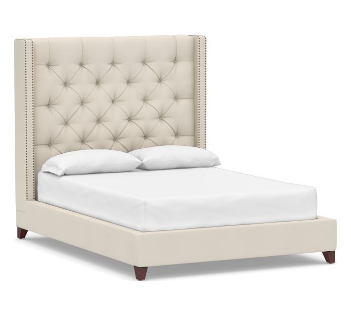 Harper Upholstered Tufted Tall Bed with Bronze Nailheads, King, Twill Cream | Pottery Barn (US)