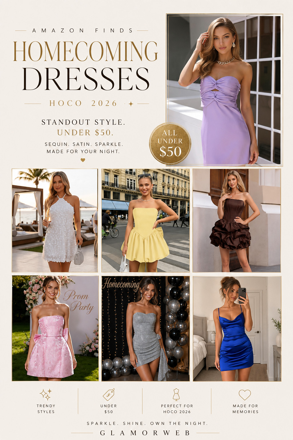 These Amazon homecoming dress finds are way too pretty for under $50 ✨ From sparkly silver minis and silky blue satin to soft pink, yellow, white, chocolate brown and classic black styles, there are so many cute options for HOCO 2026. Perfect if you want a standout homecoming look without spending a ton—glam, feminine and totally photo-ready.#AmazonFinds #HomecomingDresses #HOCO2026 #Homecoming2026 #HomecomingDressUnder50 #AmazonFashion #PartyDress #SequinDress #SatinDress #PinkHomecomingDress #BlueHomecomingDress #BlackHomecomingDress #HomecomingStyle
 

 #LTKootd #LTKSeasonal #LTKSaleAlert