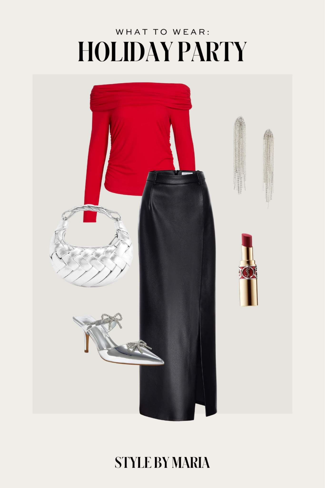 Holiday party outfit ideas 
Good American faux leather maxi skirt
Red off the shoulder top
Nordstrom silver mules 
Shashi chandelier earrings 
Amazon woven silver bag on sale

#LTKHoliday #LTKSaleAlert #LTKStyleTip