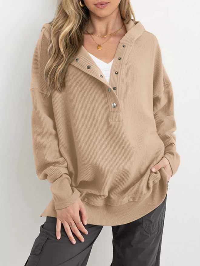 PRETTYGARDEN Womens Fashion 2024 Long Sleeve Hoodie Oversized Button Up V Neck Sweatshirt Side Sl... | Amazon (US)