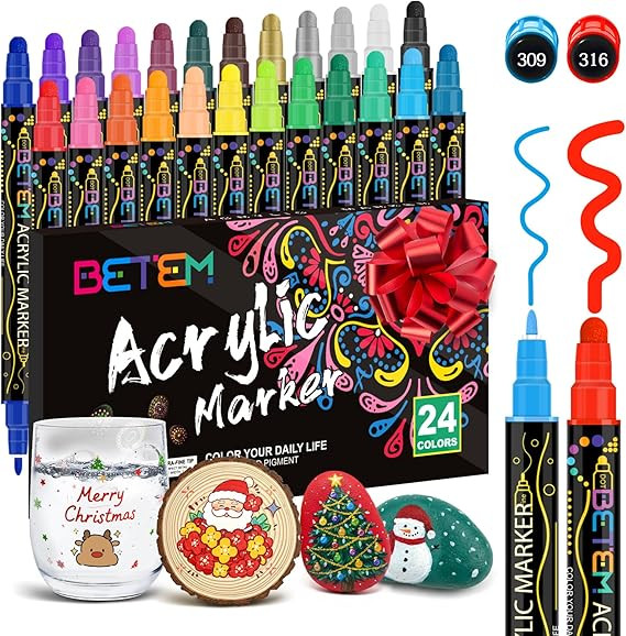 Betem 24 Colors Dual Tip Acrylic Paint Pens Markers, Premium Acrylic Paint Markers Stocking Stuff... | Amazon (US)