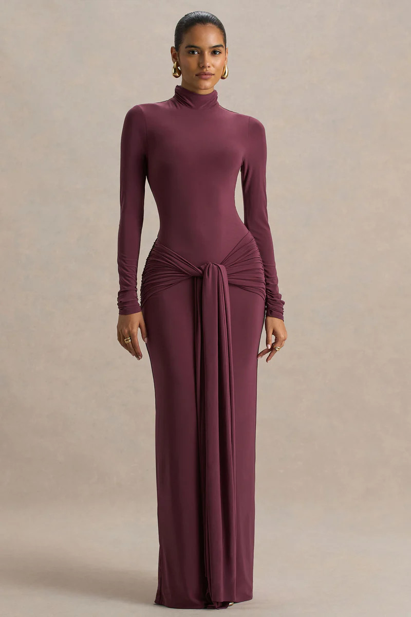 Myra  Burgundy High-Neck Maxi Dress With Sash and Ruched Detailing | Club L London