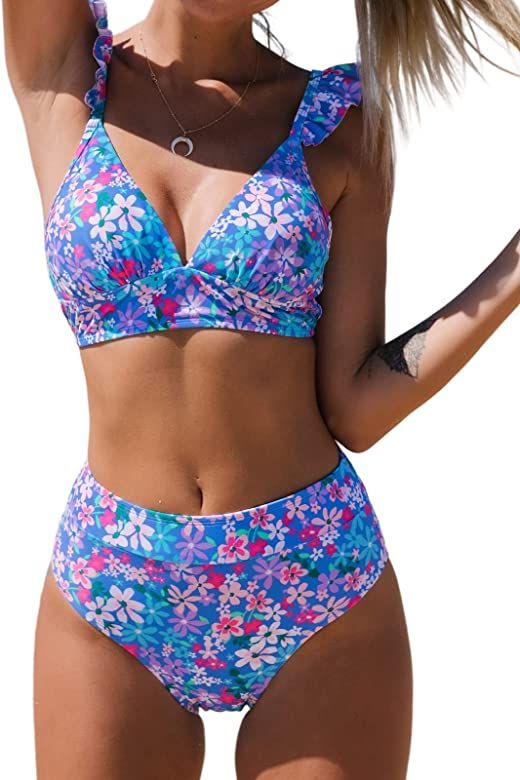 CUPSHE Women Bikini Sets 2 Piece Swimsuit High Waisted Bottom Floral Print Ruffle V Neck Bathing ... | Amazon (US)