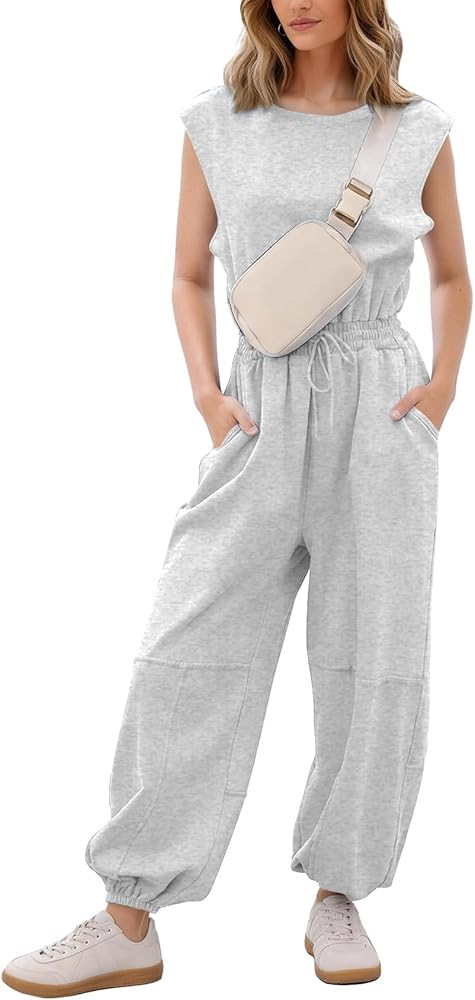 Flygo Womens Casual Jumpsuit Crewneck Cap Sleeve Long Wide Leg Pants One Piece Outfits Drawstring... | Amazon (US)