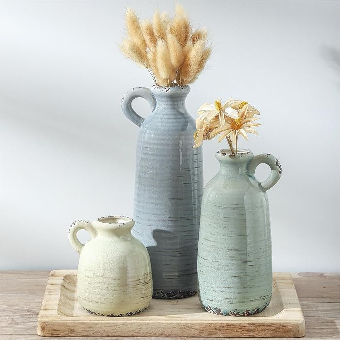 Ceramic Vase Set of 3 | Neutral Vase Home Decor with Handle | Pottery Modern Farmhouse Vases Pamp... | Amazon (US)